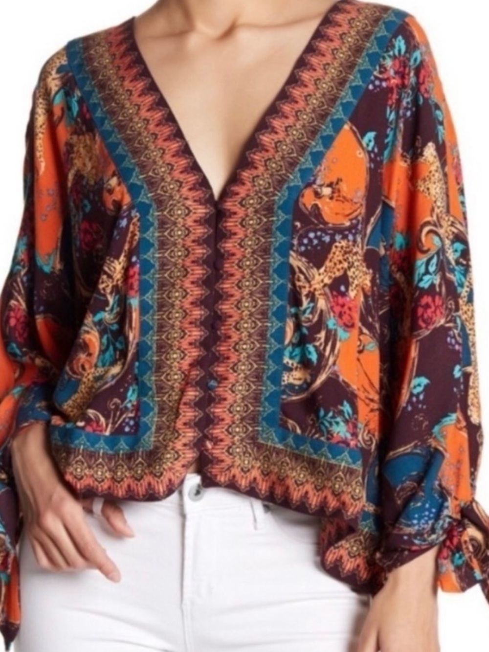 Free People Patterned V-Neck Blouse - catch me if you can boho top - Picture 1 of 7